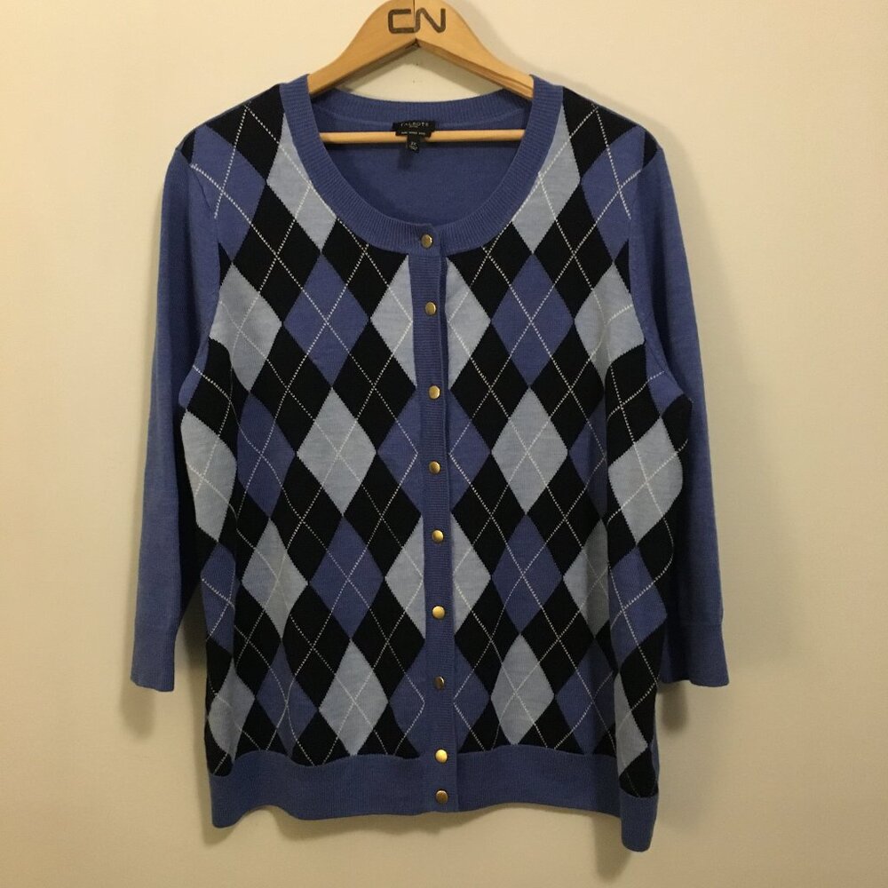 MERINO WOOL Blue Argyle Button Front Cardigan Sweater Plus Size 2X - Picture 15 of 15